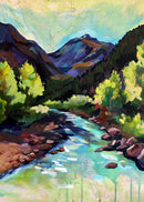 Painting of a mountain landscape with a river and trees