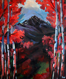Painting of a mountain landscape with red trees and a blue sky.