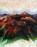 Artistic depiction of mountains on a map background
