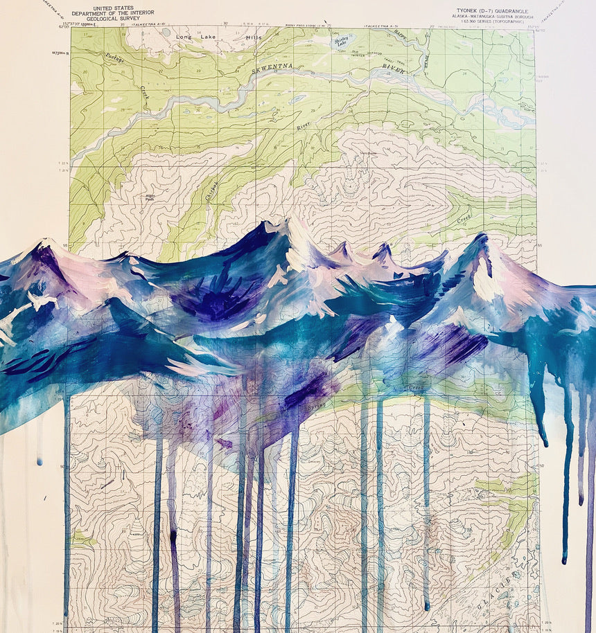 Abstract watercolor mountains on a topographic map background