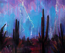 Acrylic painting on wooden canvas depicting a stormy desert scene with lightning and cacti.