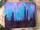 Acrylic painting on wooden canvas depicting a stormy desert scene with lightning and cacti.