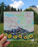 Map of a forest with mountains and flowers held in front of a natural landscape.