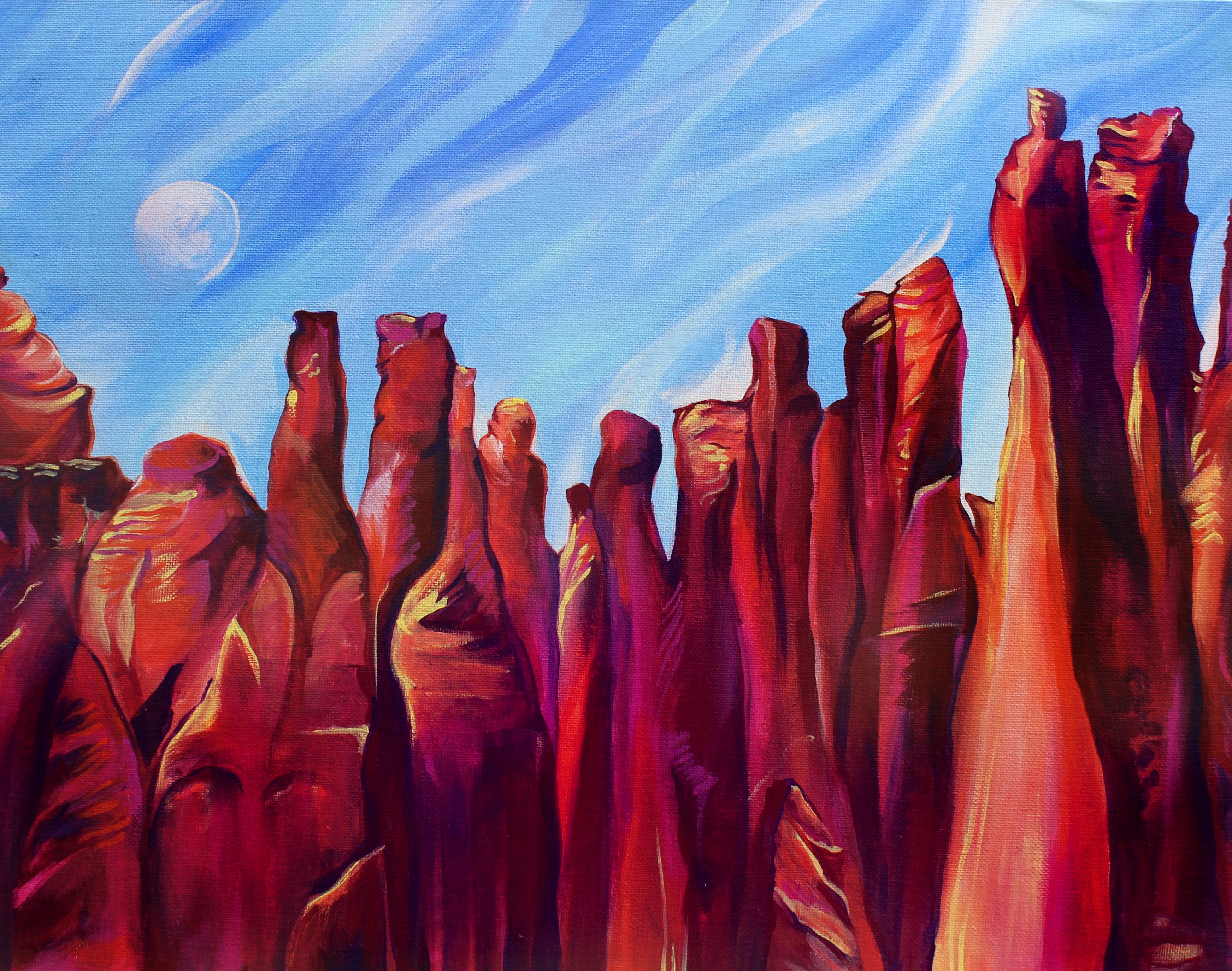 Artistic depiction of red rock formations against a blue sky with a moon.