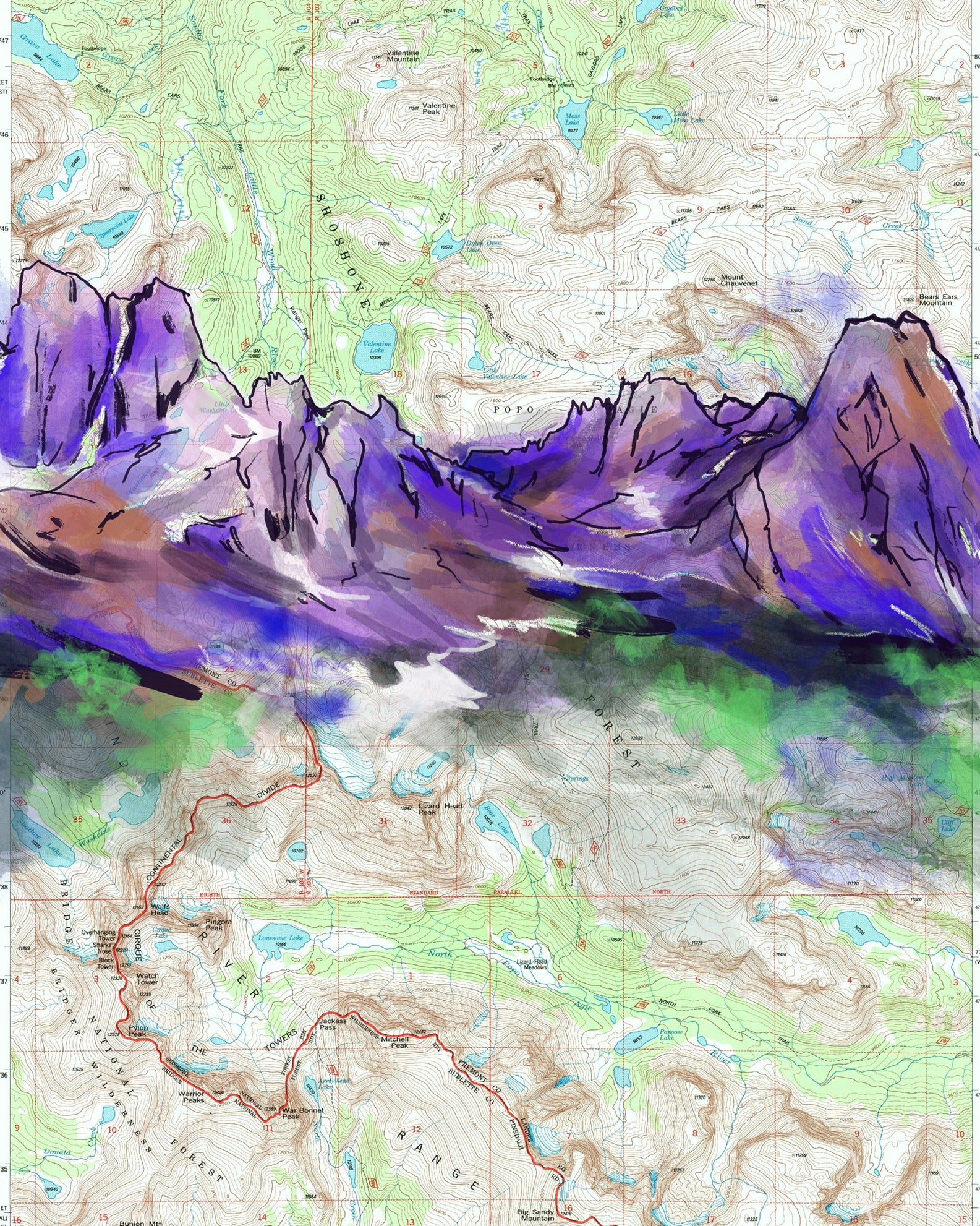 Topographic map with stylized mountain illustration
