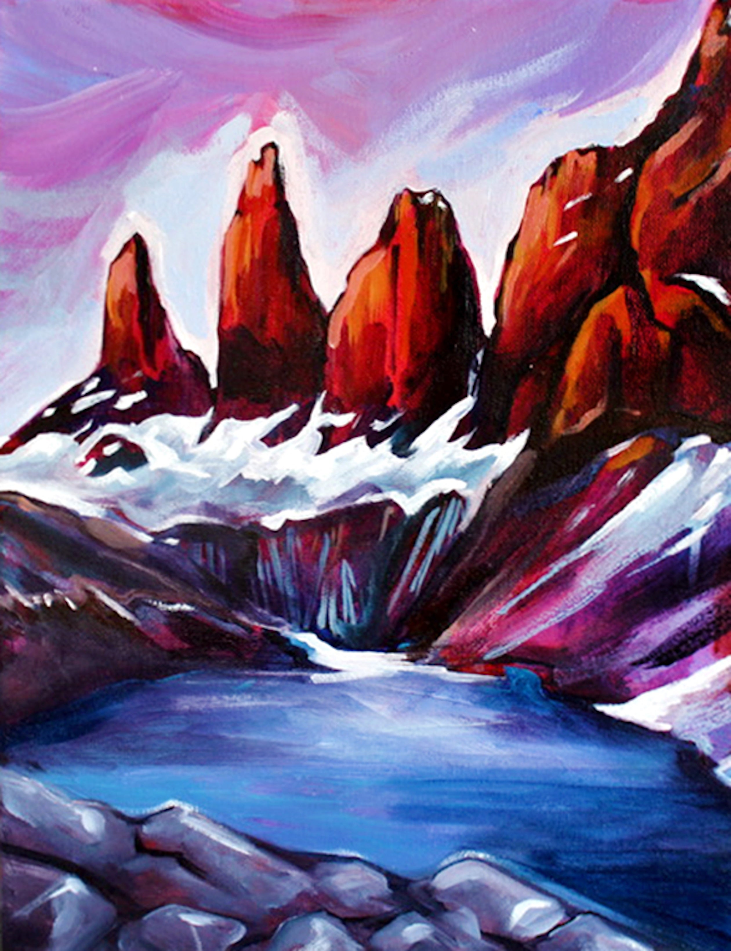 Colorful painting of mountain peaks and a lake