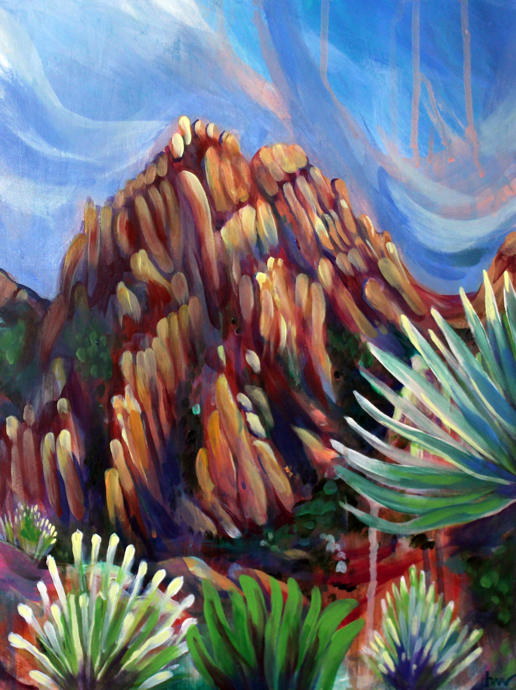 Colorful painting of a mountainous landscape with plants