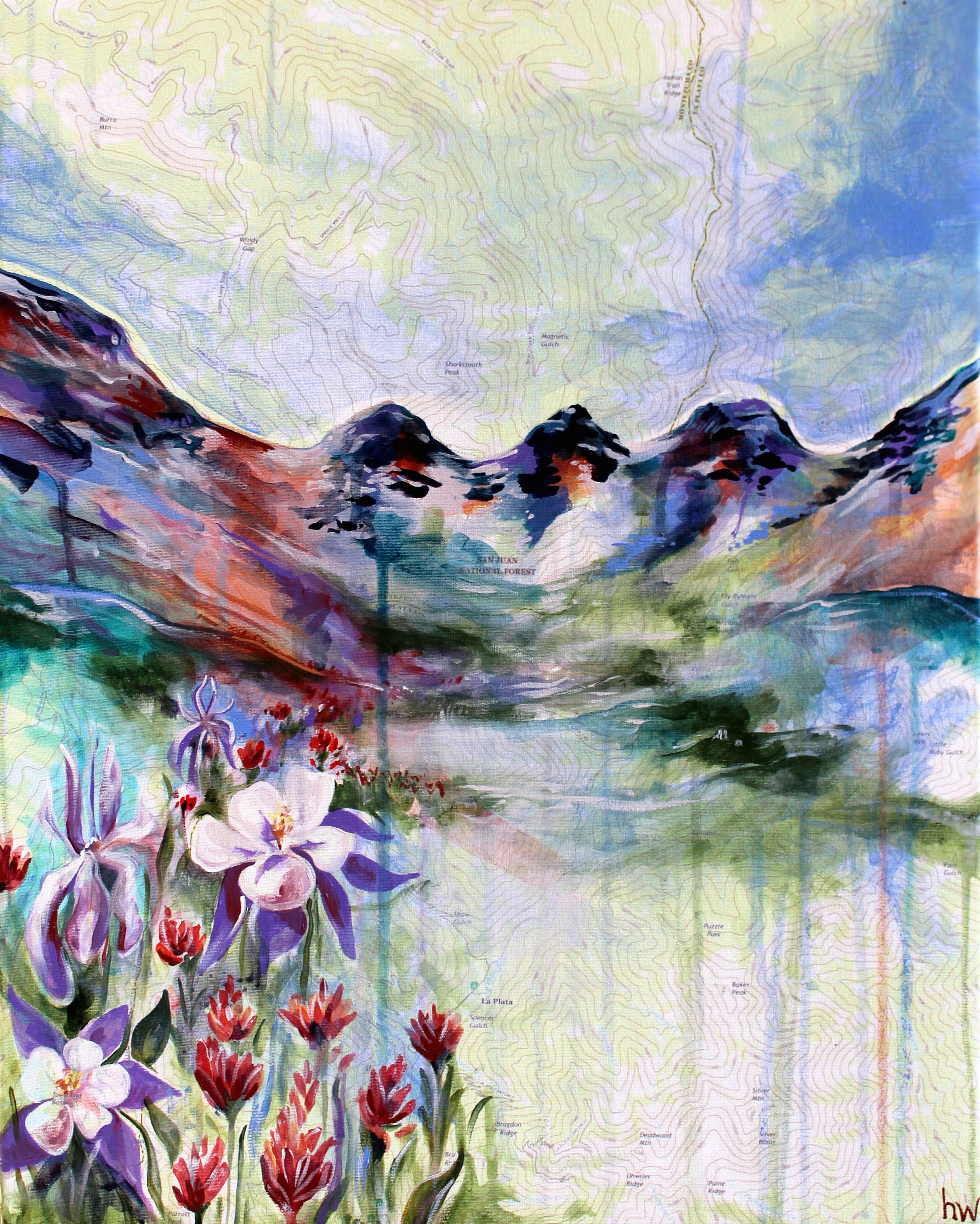 A colorful art print featuring a stylized landscape with mountains and floral elements in the foreground.