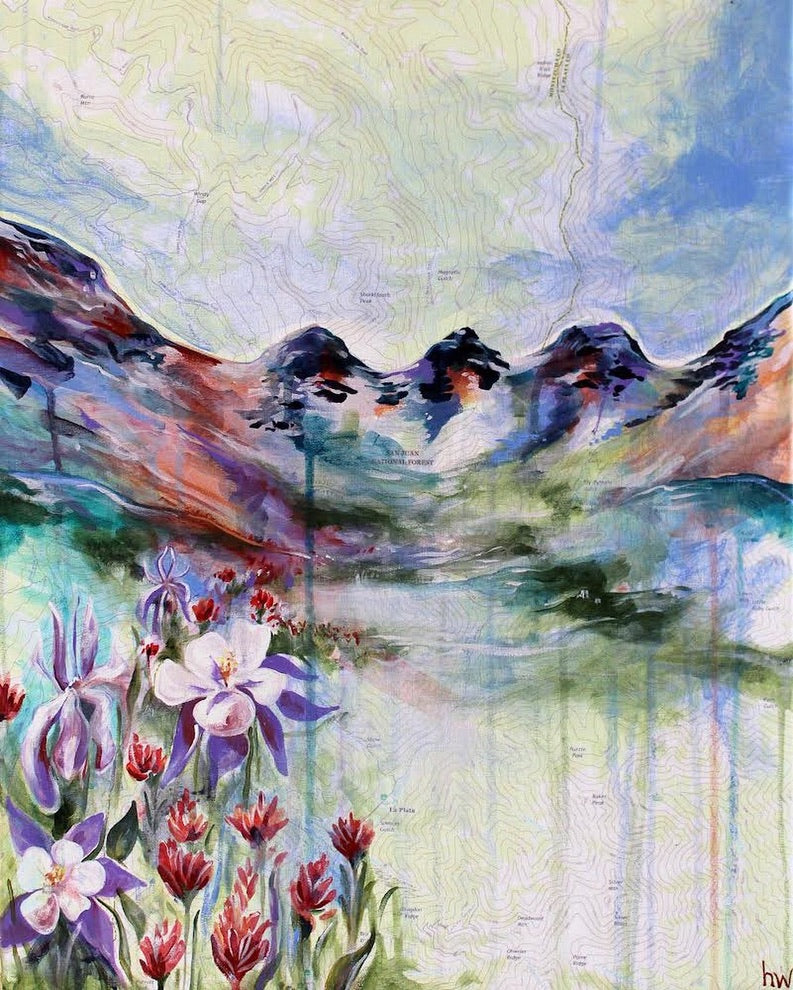 Abstract landscape painting with mountains and flowers