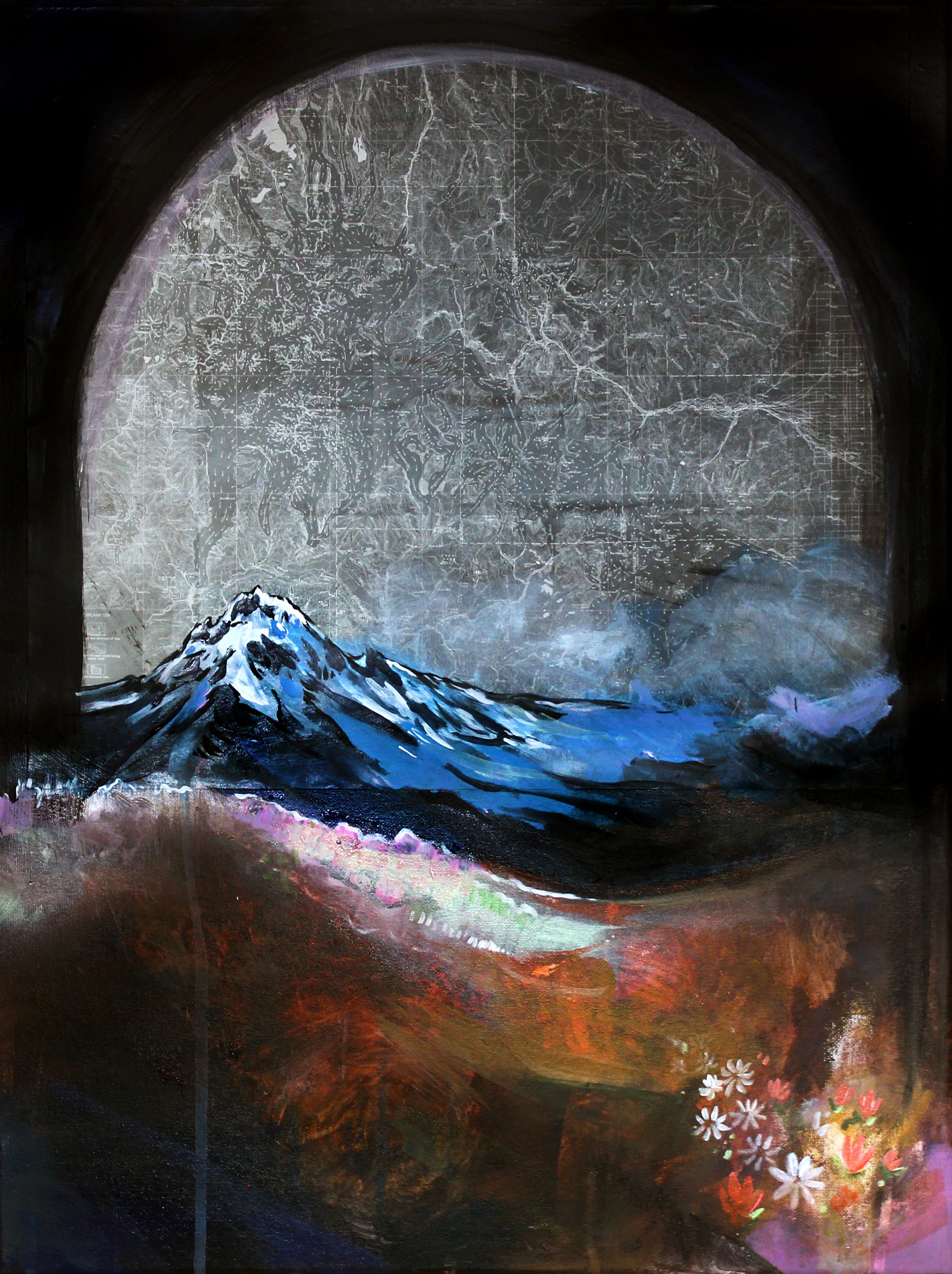 Artistic depiction of a mountain with a textured gray background