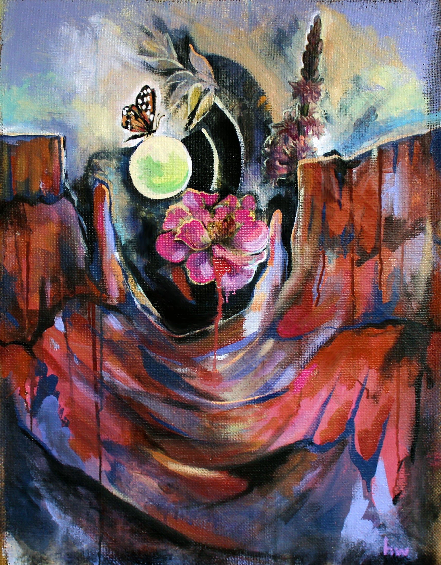 Painting of a desert and red cliff walls with a butterfly and several desert flowers surrounding a moon.