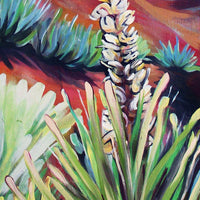 Colorful painting of a plant with green leaves and a red background