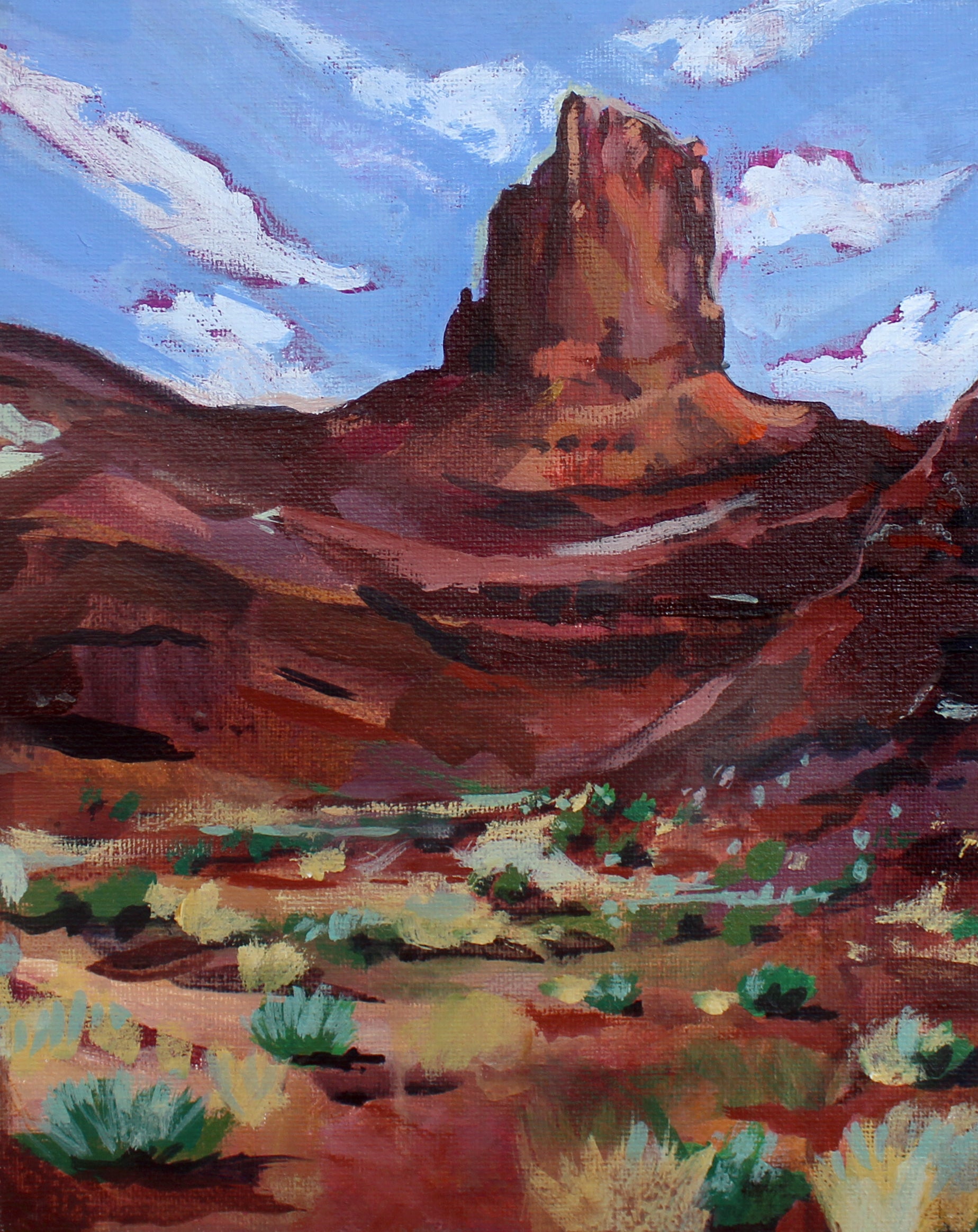 Painting of a desert landscape with a prominent rock formation and blue sky.
