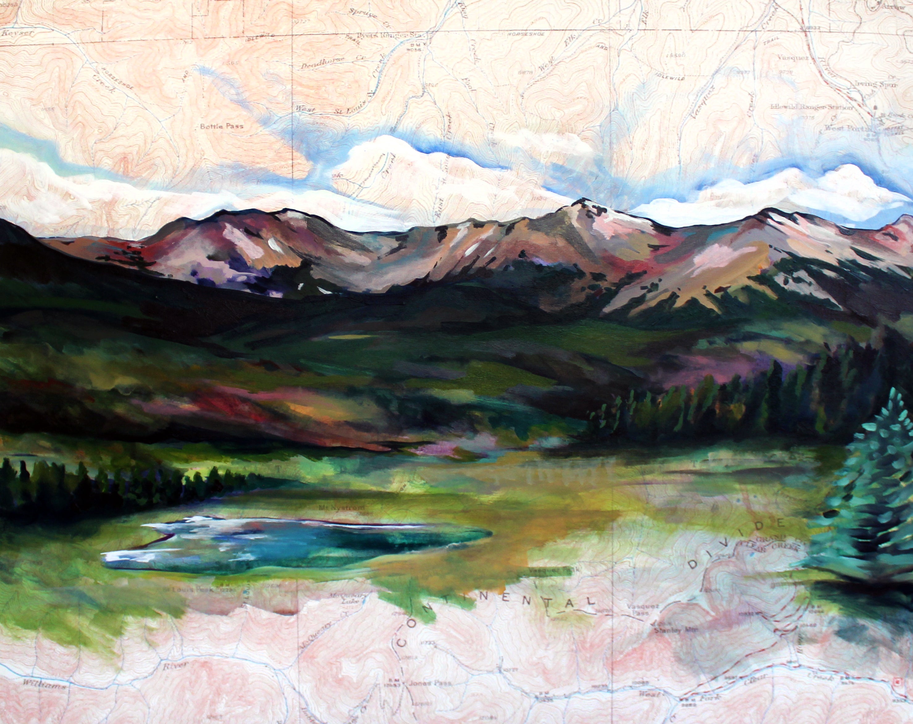 Artistic depiction of mountains and a lake on a textured surface