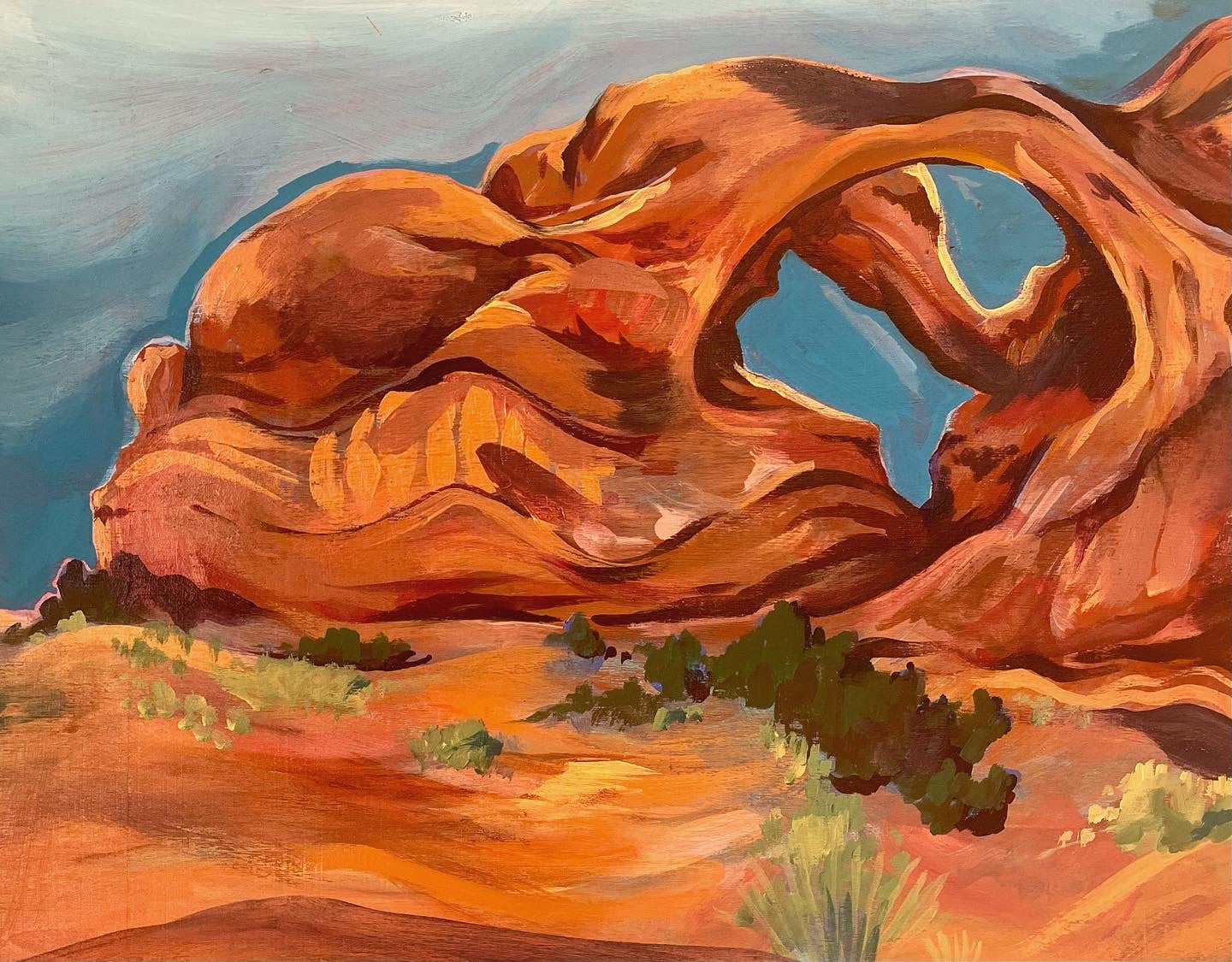 Painting of a desert landscape with a large rock formation.