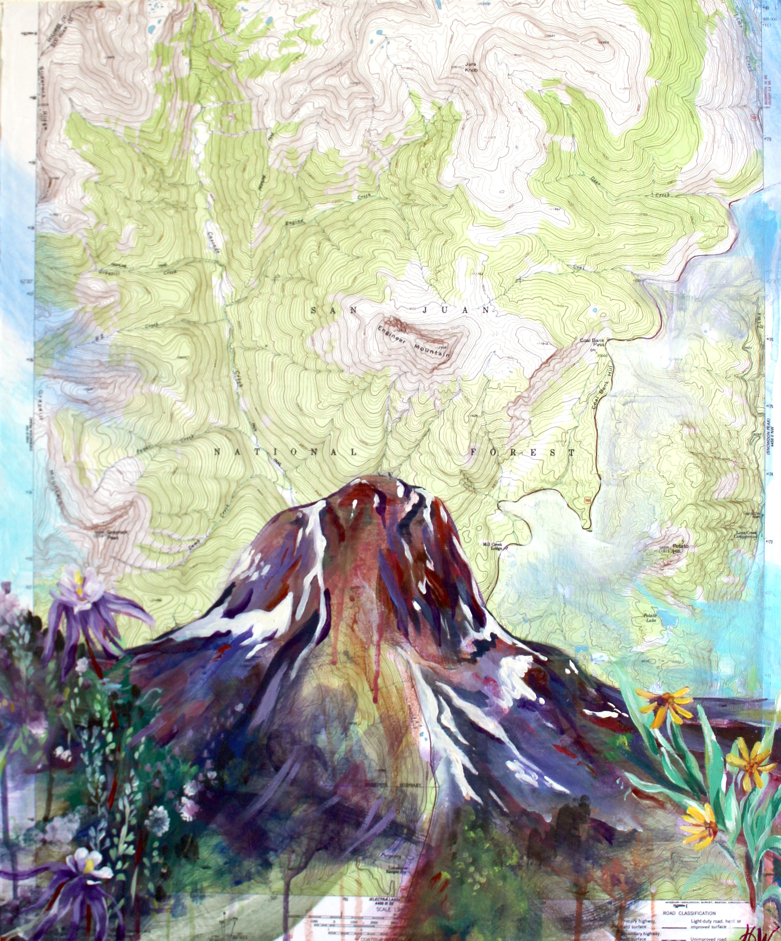 Map with artistic overlay of a mountain and natural elements