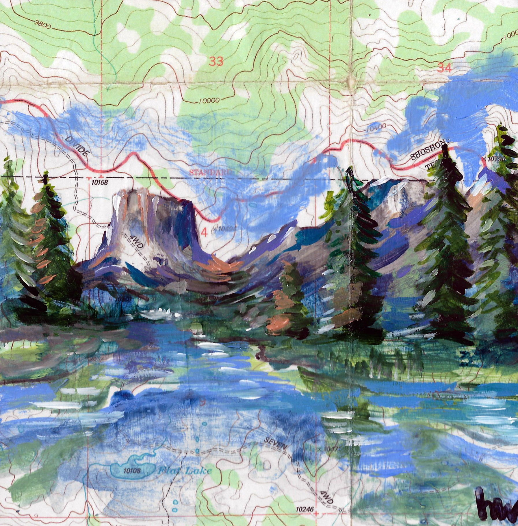 Map with topographic details overlaid on a scenic landscape of mountains and trees.