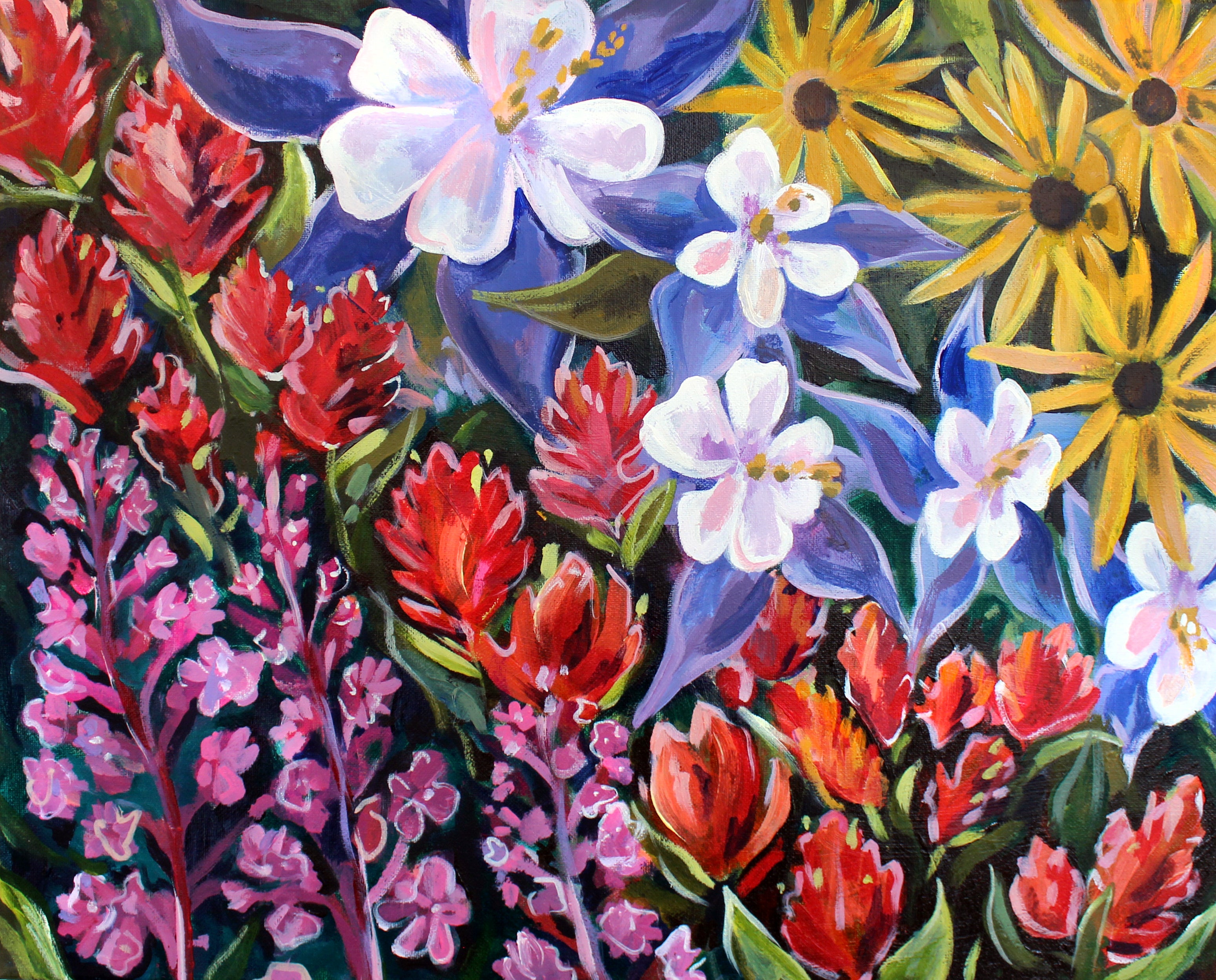 Colorful painting of various Colorado flowers.
