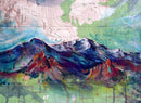 Colorful acrylic painting of a mountain and some red rock formations in the foreground on a topographic map.