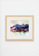Acrylic colorful painting of mountains towering above sand dunes in Colorado framed on a white wall.