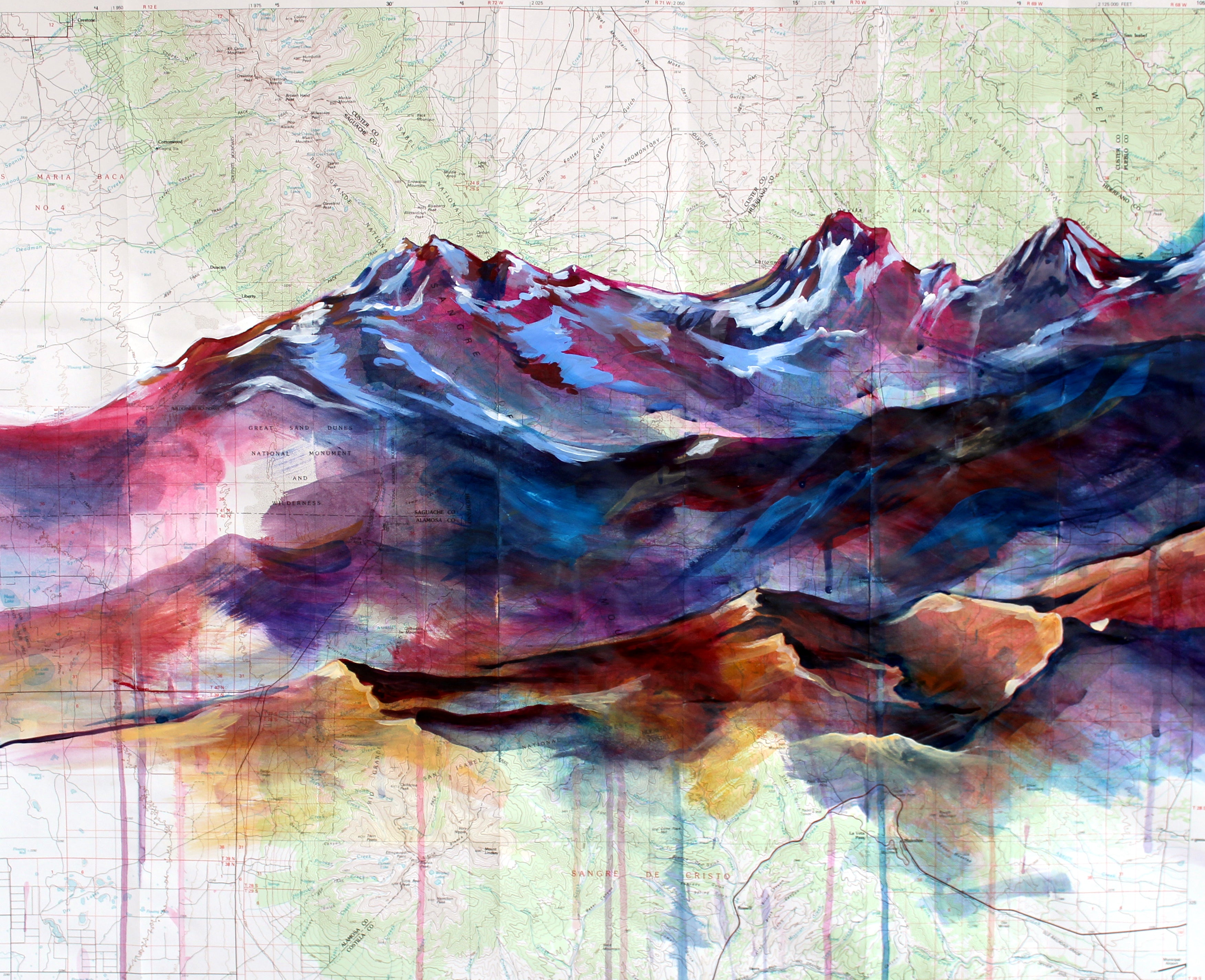 Abstract painting of mountains with a colorful landscape