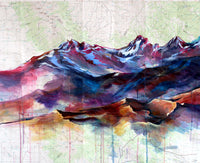 Acrylic colorful painting of mountains towering above sand dunes in Colorado.