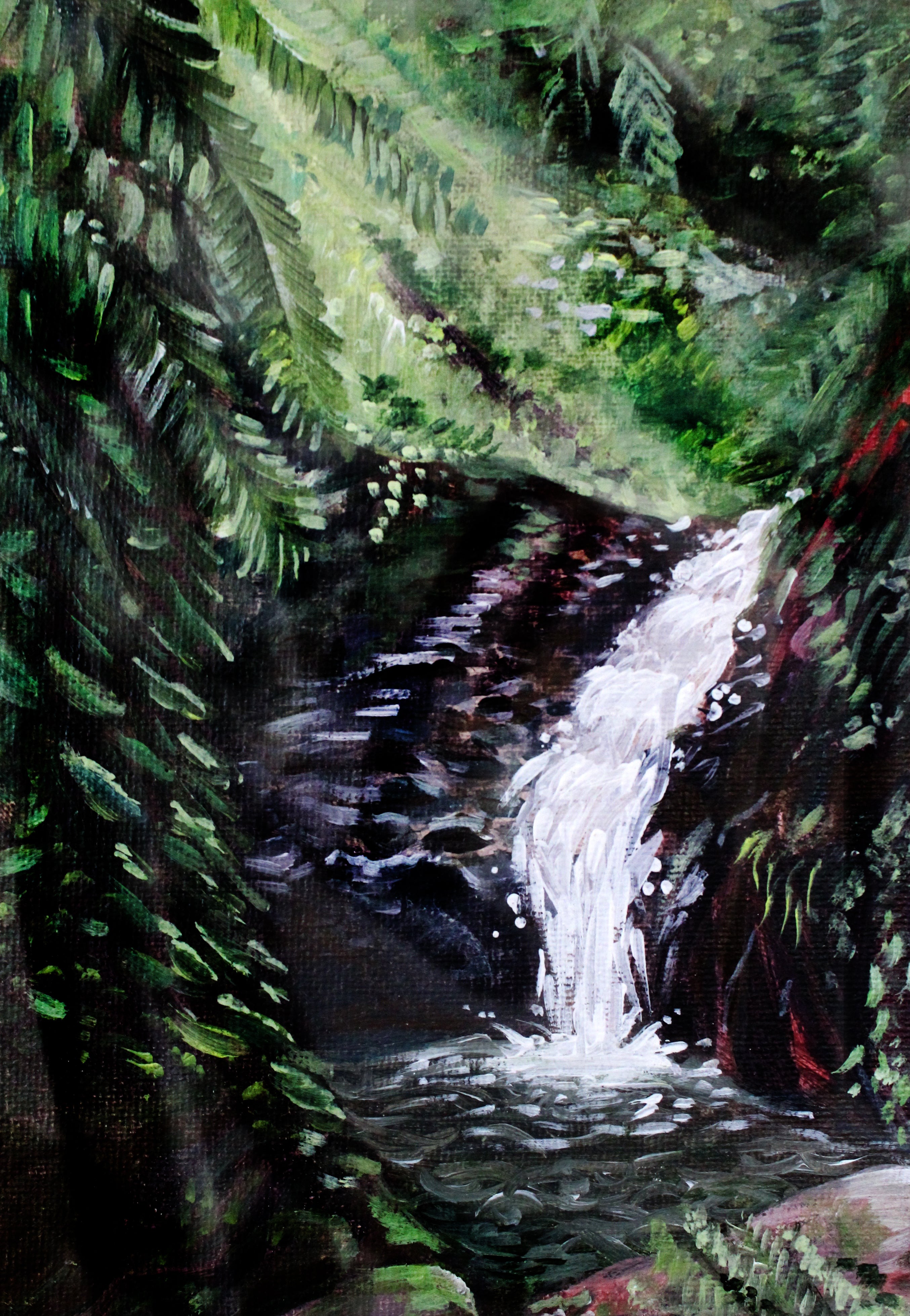 Painting of a waterfall surrounded by lush greenery