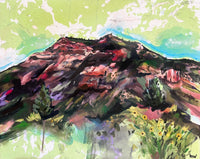 An art print featuring a colorful acrylic painting over a USGS topographic map background, depicting a mountainous landscape with trees and a sky.