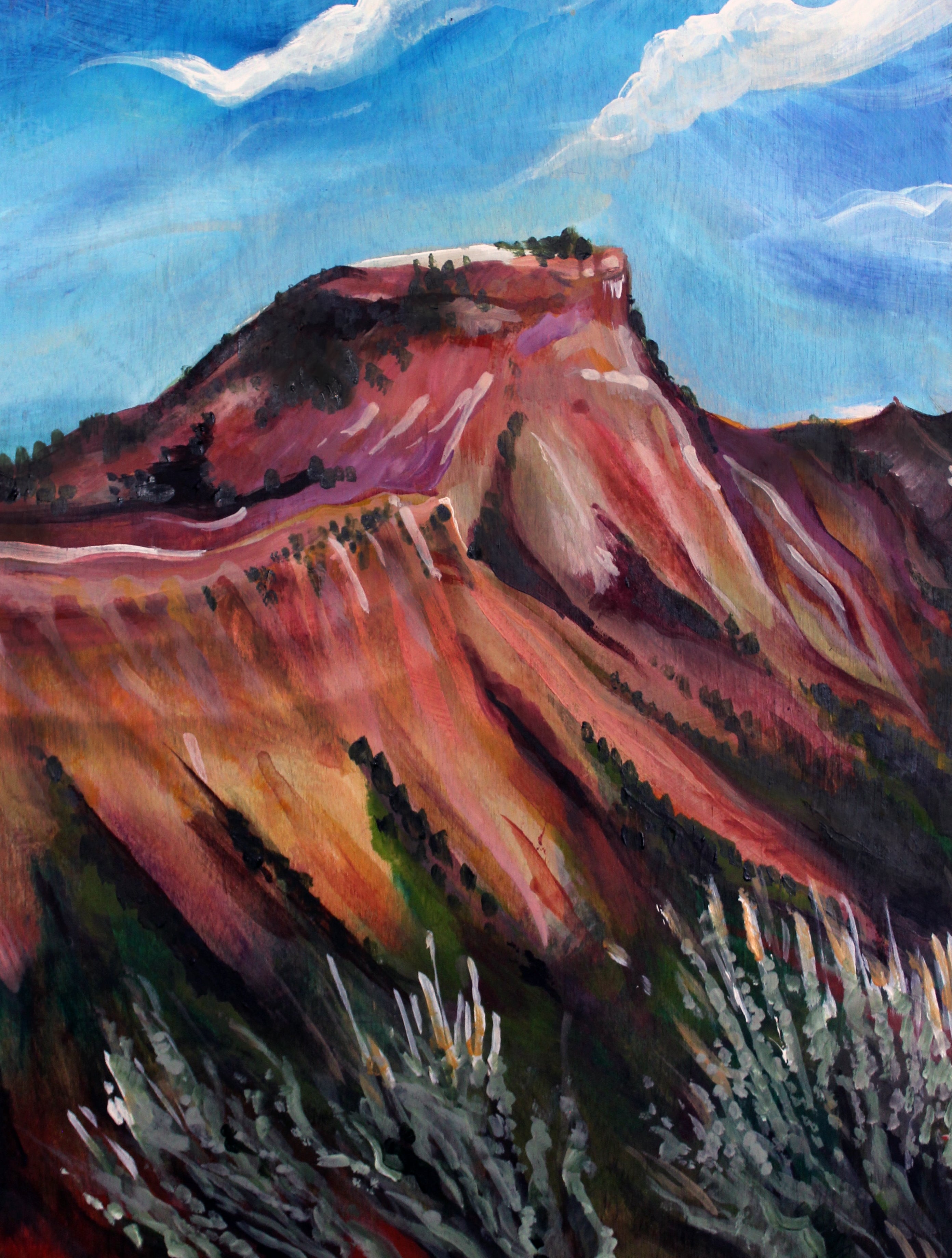 Painting of a mountain landscape with a blue sky