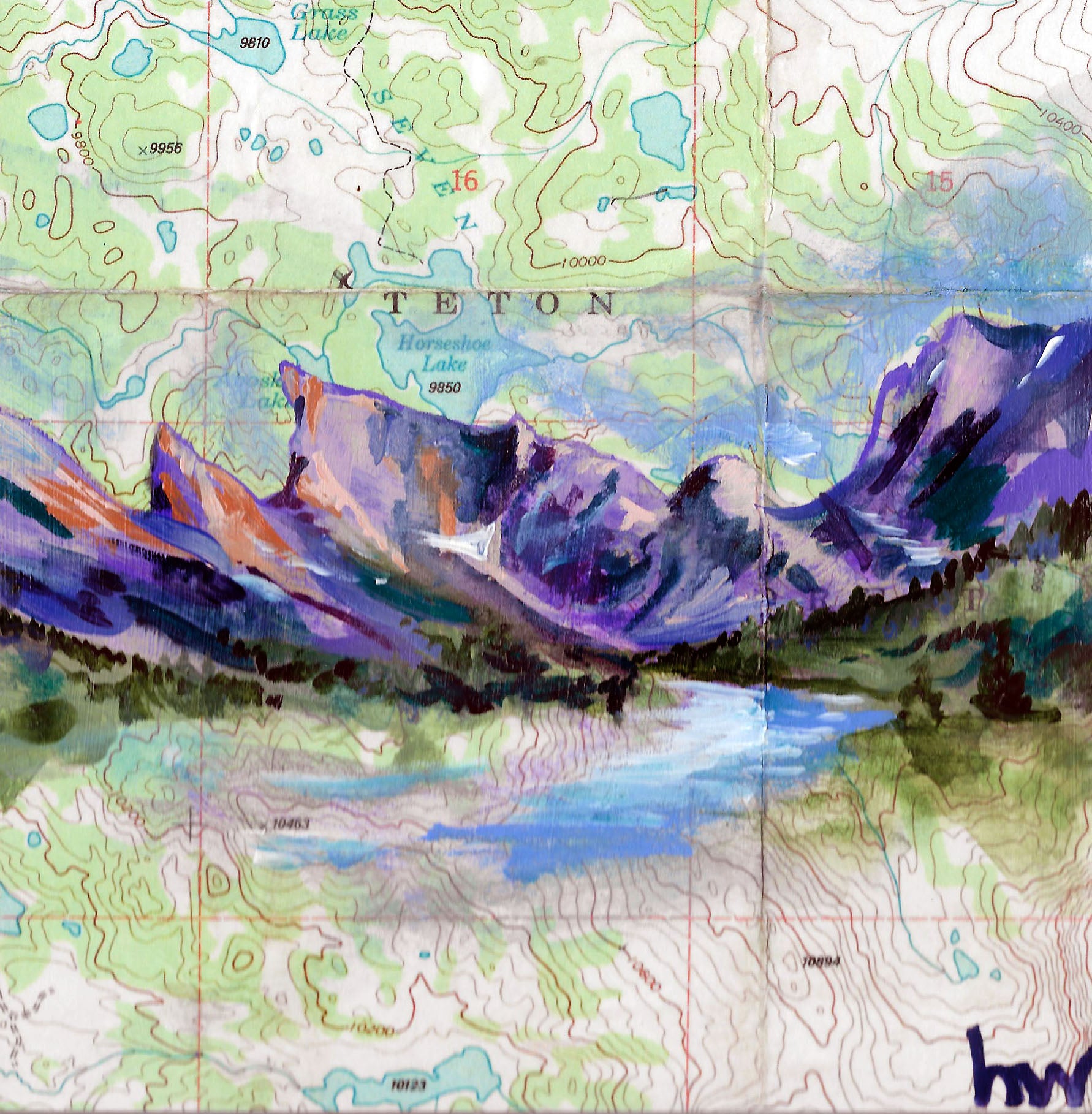 Map of Tetons with watercolor-style mountains and lake