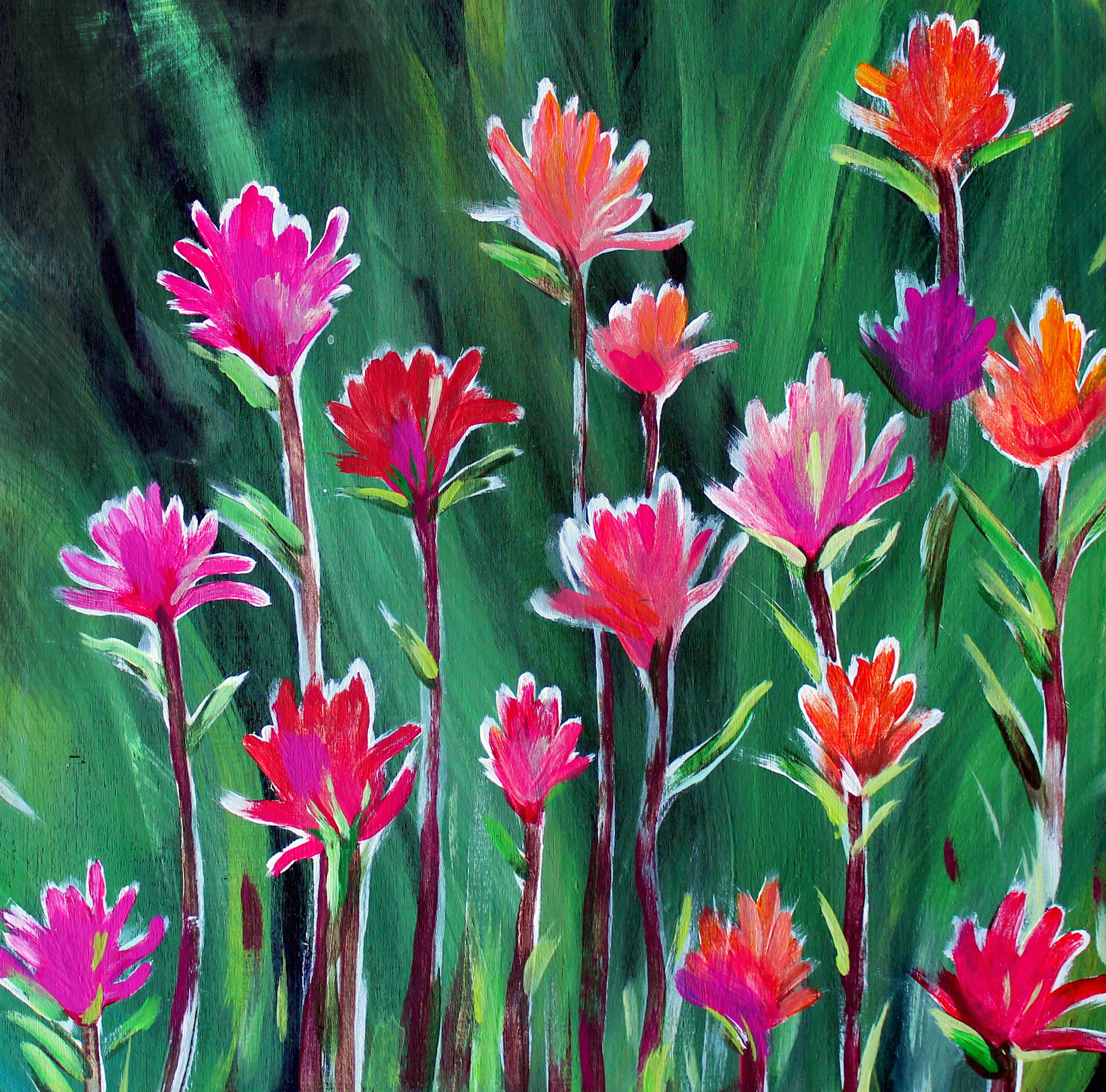 Painting of colorful flowers with a green background