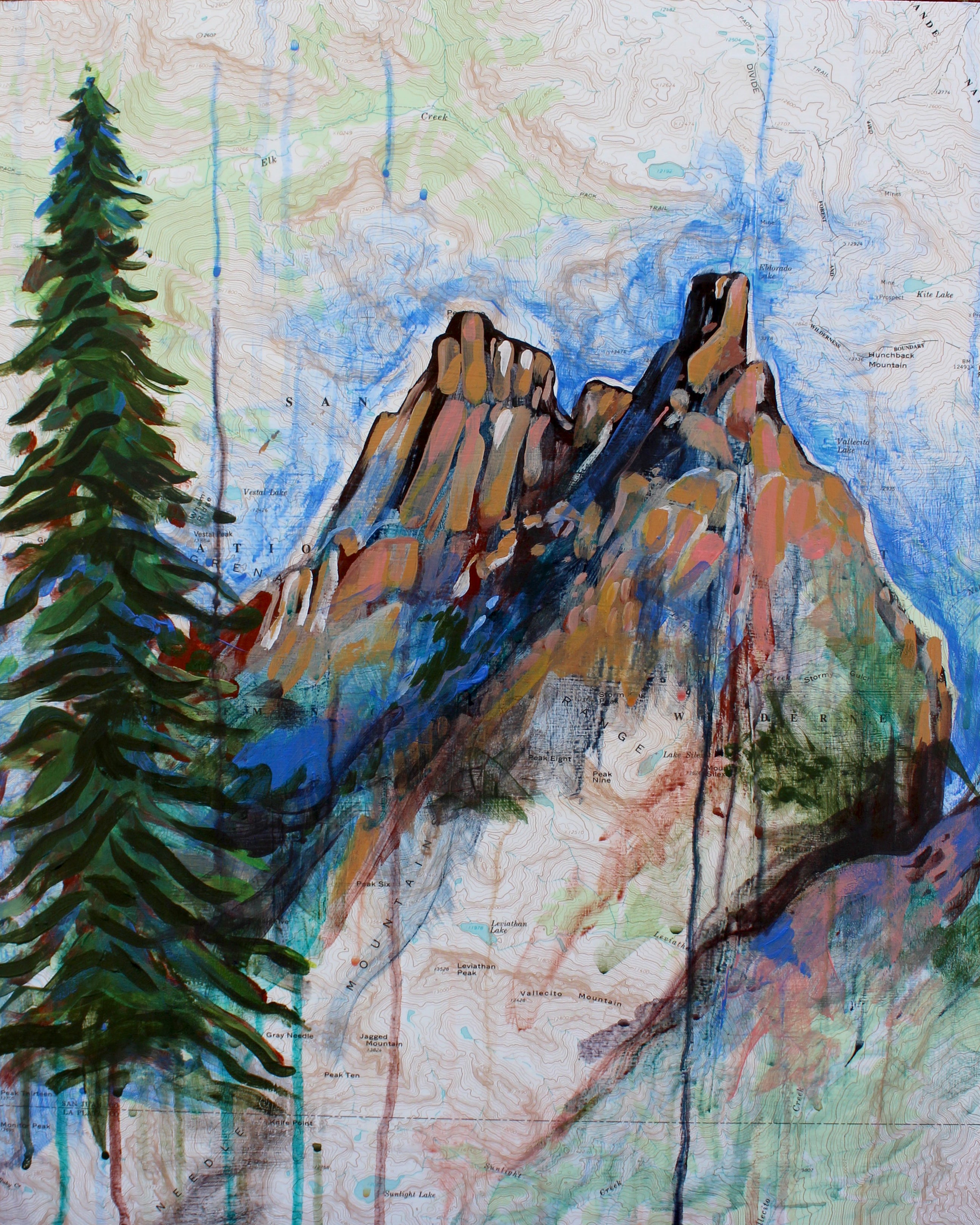 Artistic depiction of a mountain and tree on a textured surface