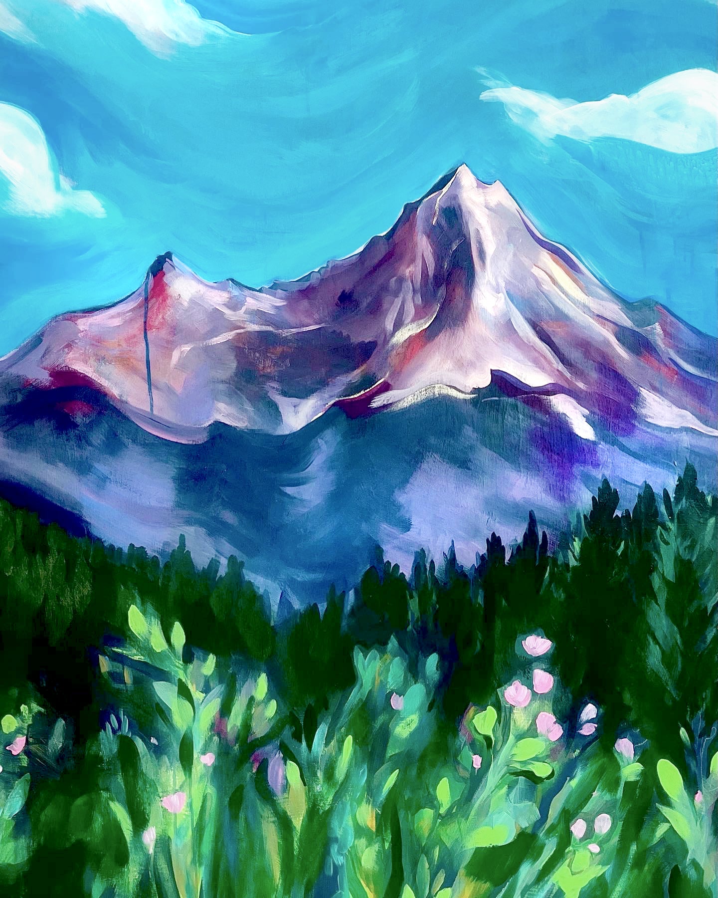 Painting of a mountain with trees and flowers