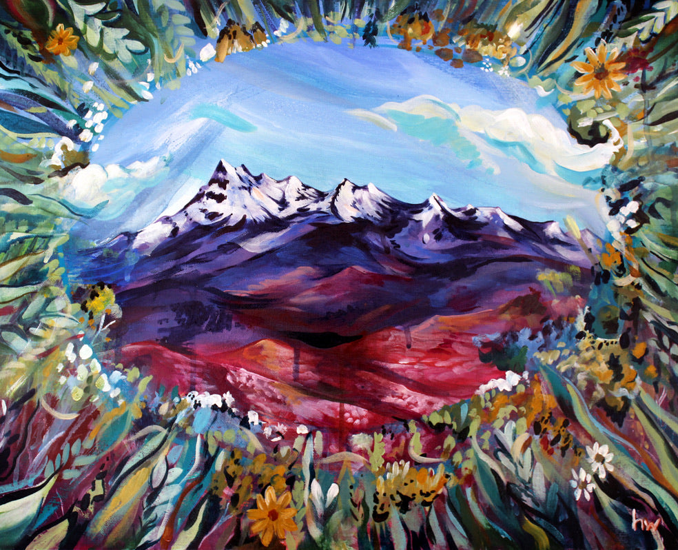 Colorful painting of a mountain landscape with flowers and foliage.