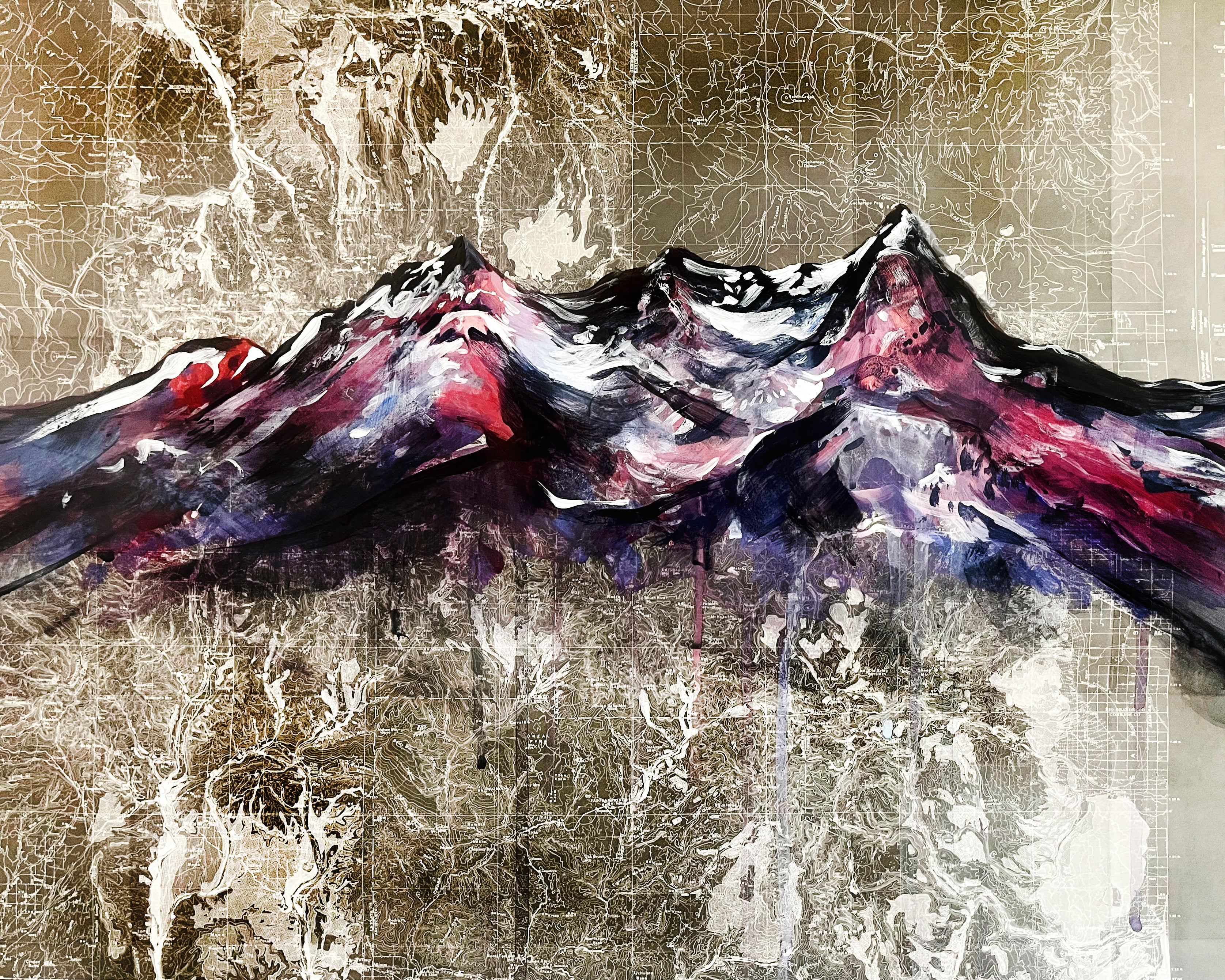 Abstract painting of mountains with a textured background