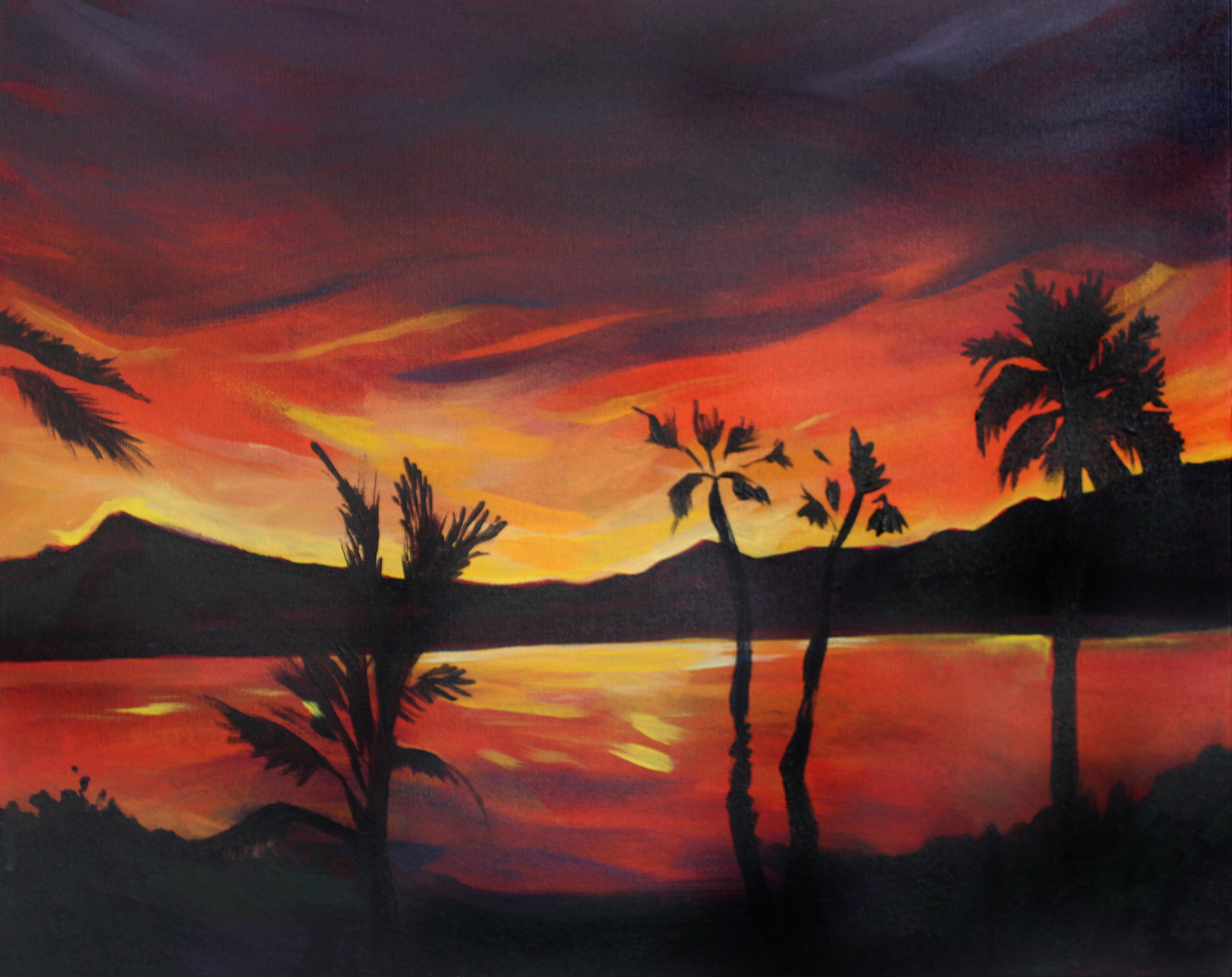 Painting of a sunset with palm trees reflected in water