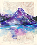 Colorful mountain illustration on a topographic map background