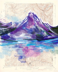 Colorful mountain illustration on a topographic map background