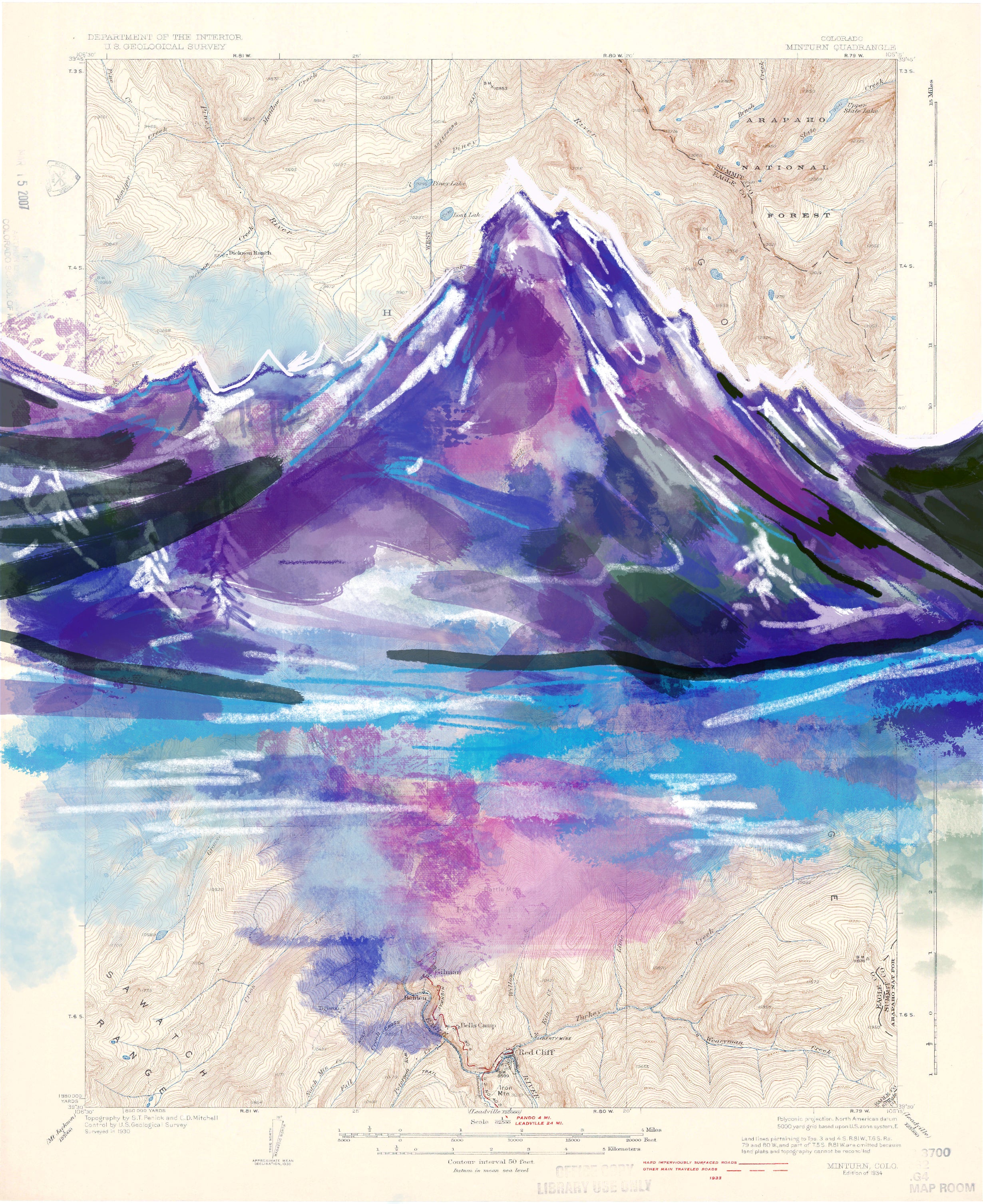 Colorful mountain illustration on a topographic map background
