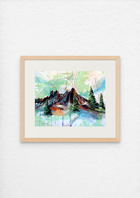 Colorful acrylic painting of Liberty Bell Mountain in Washington framed on a white wall.