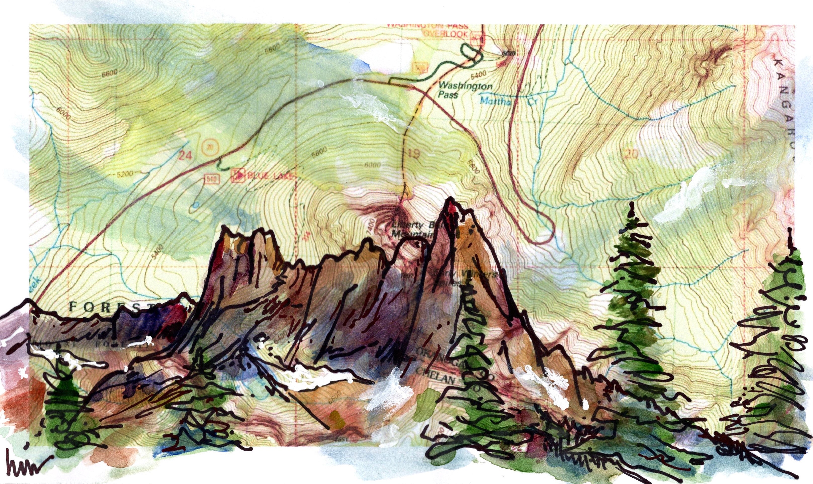 Abstract mountains and trees painted over a topographic map.