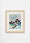 An art print featuring a colorful acrylic painting over a topographic map background, with peaks and a mountain in the foreground.