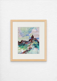 An art print featuring a colorful acrylic painting over a topographic map background, with peaks and a mountain in the foreground.