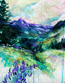 Colorful landscape painting of mountains, trees, and flowers