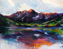 Colorful abstract painting of a mountain landscape with reflection
