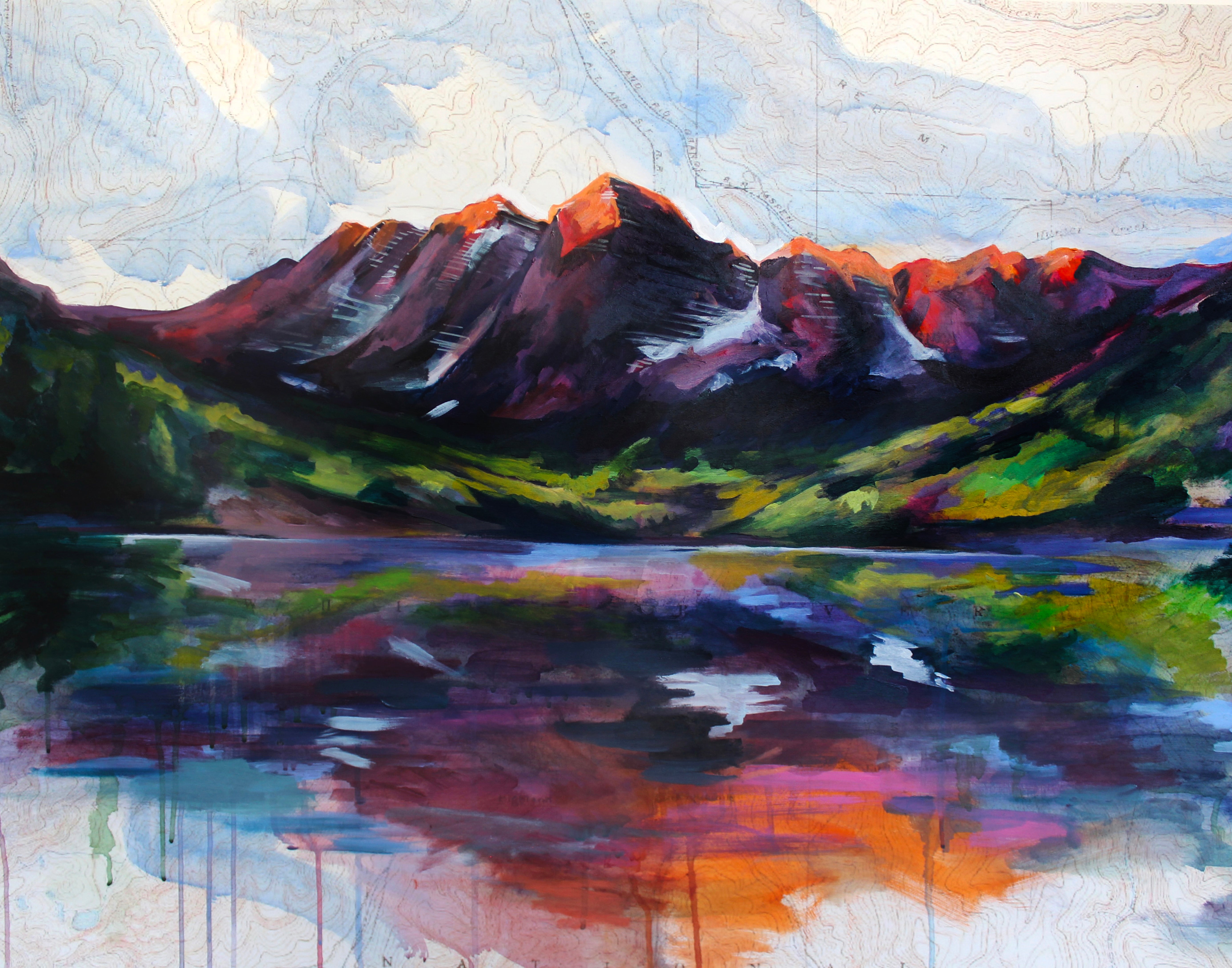 Colorful abstract painting of a mountain landscape with reflection