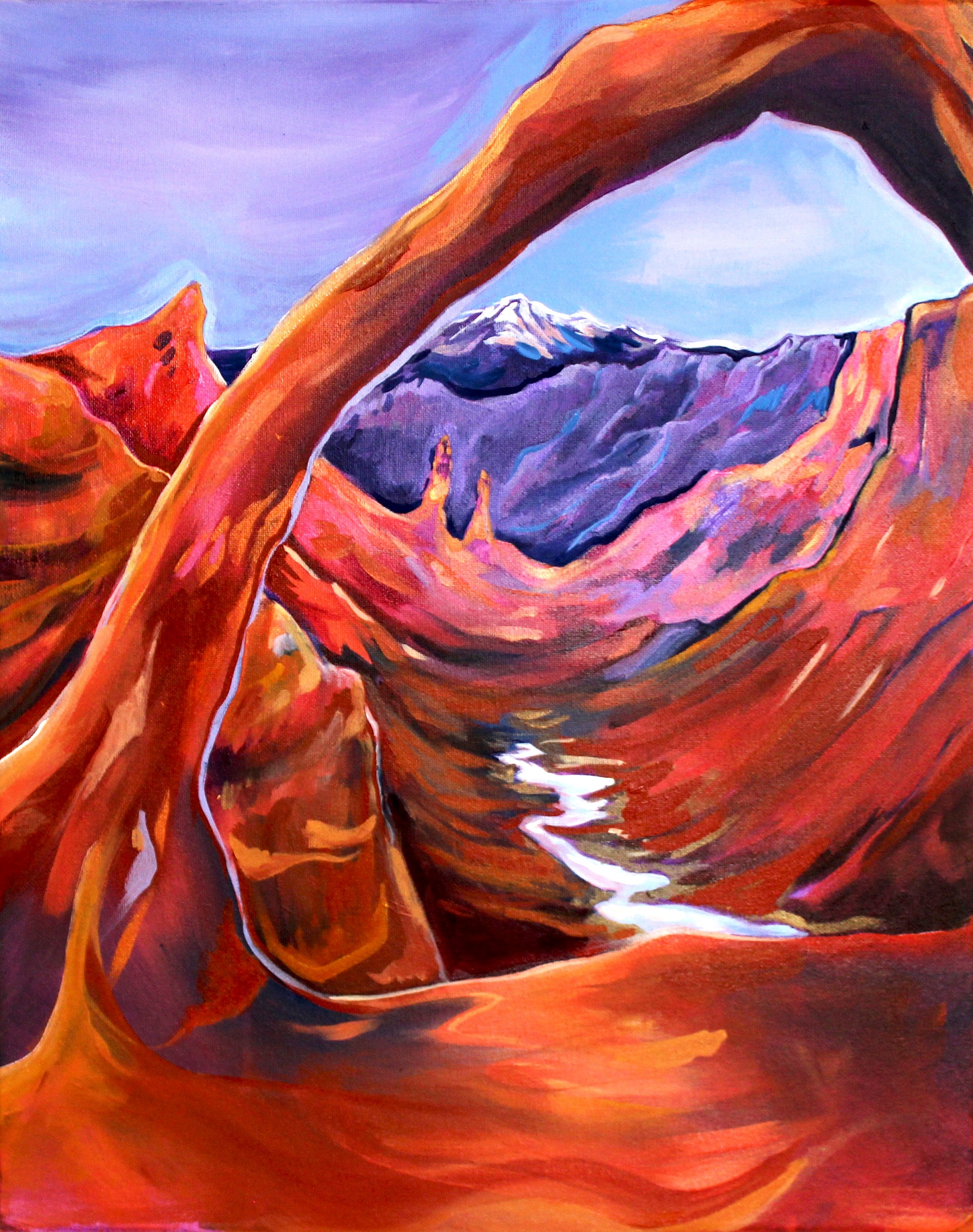 Colorful painting of a natural arch with mountain in the background