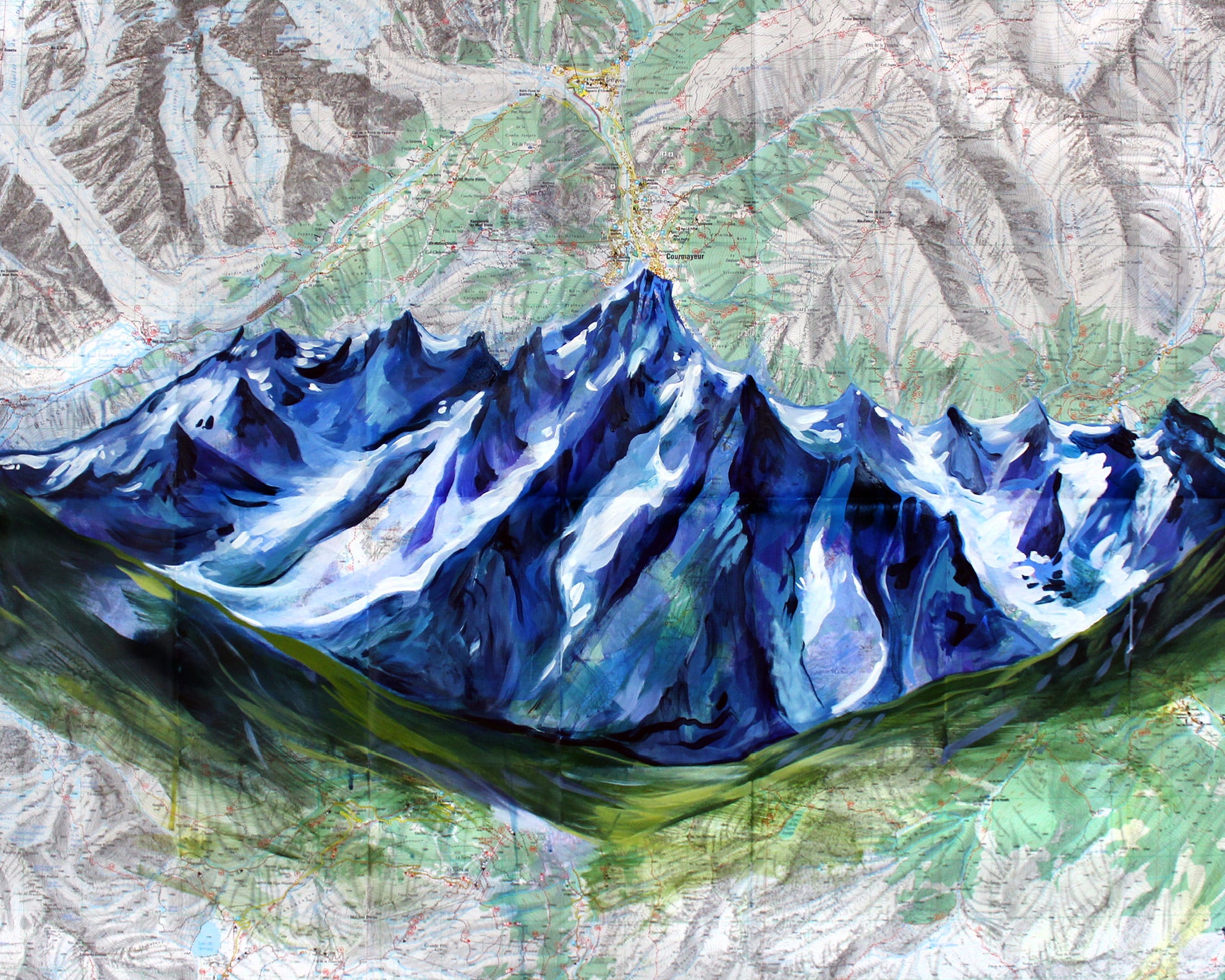 Painting of European mountains on a topographic map