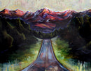Artistic depiction of a mountain with a road leading to it, surrounded by nature.
