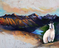 Painting of a mountain goat in a mountainous landscape with a colorful sky.